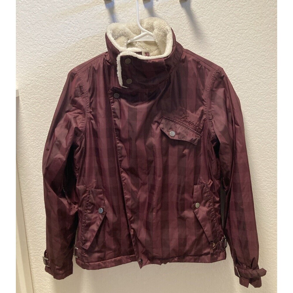 Burton Jacket Womens S Small Burgundy Red Stripes Faux Fur Hooded Snowboarding